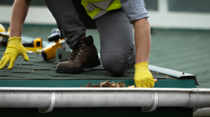 a worker cleaning out a gutter 